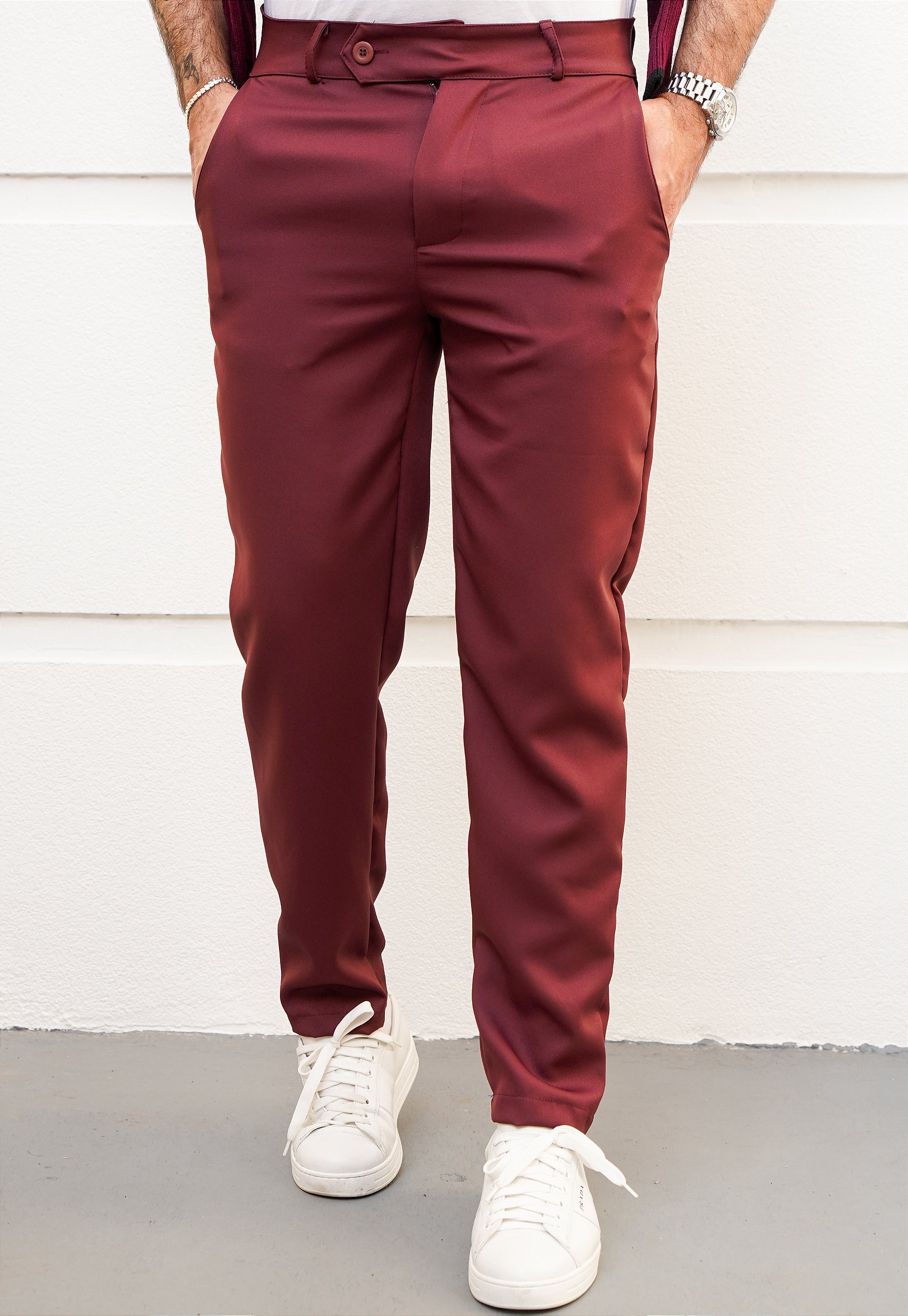 calça social masculina bordô