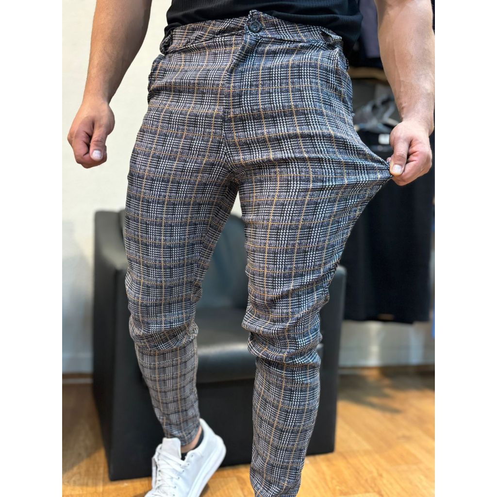 calça xadrez masculina slim preta