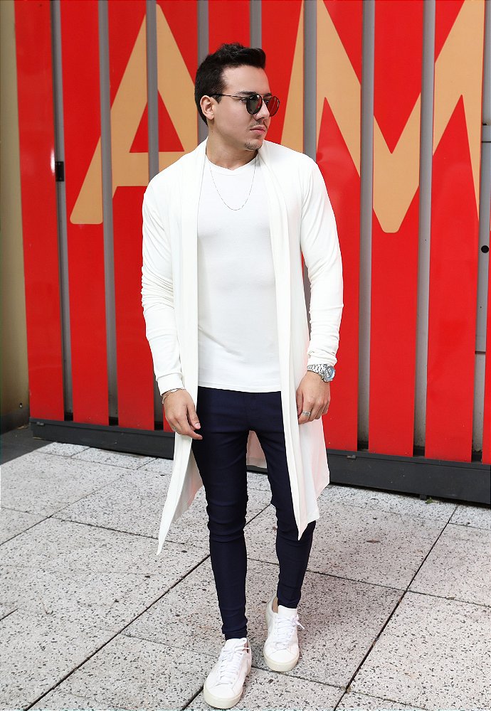 cardigan masculino branco alongado sem botões