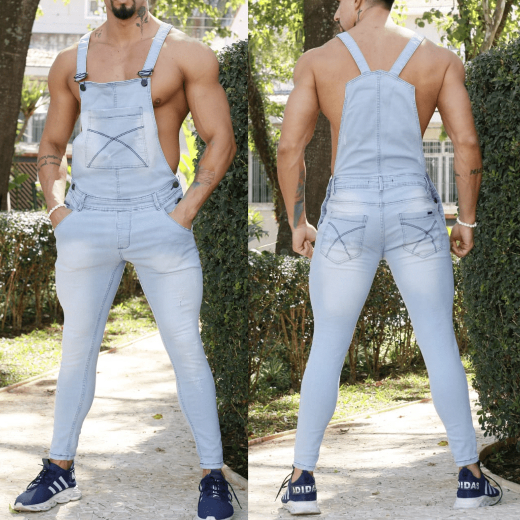 jardineira jeans masculina